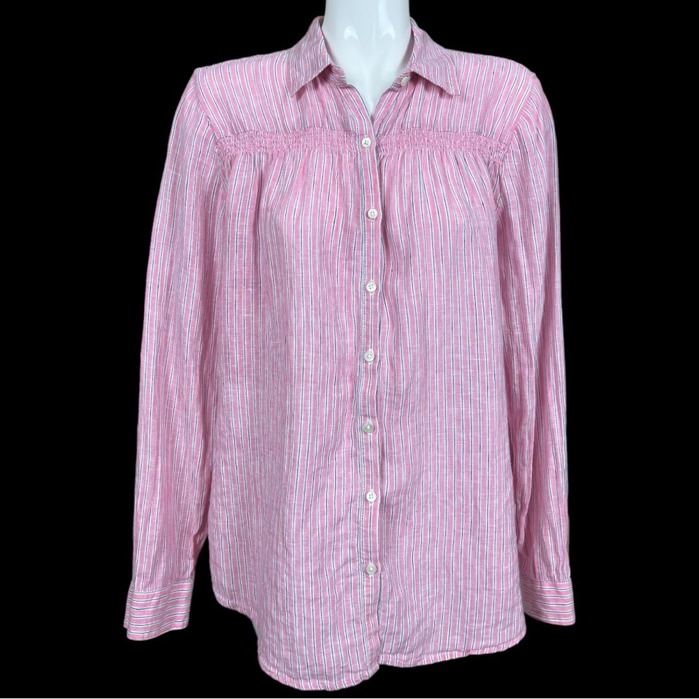 Lands’ End Pink Blue and White Striped Smocked Front Linen Button Down Top 14-16